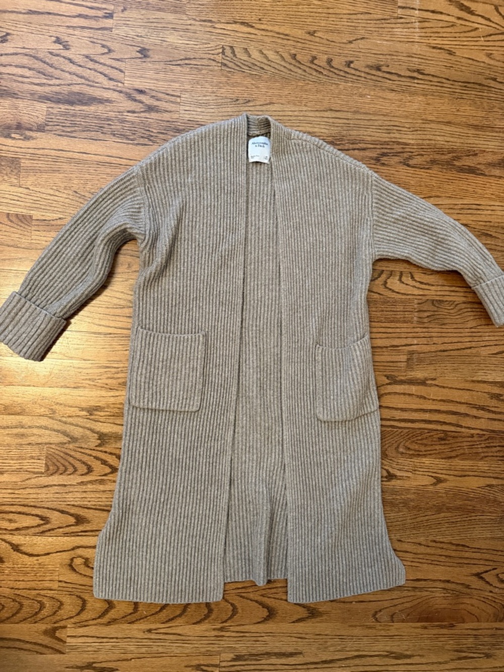 Abercrombie & Fitch Long Ribbed Open Cardigan in Light Taupe